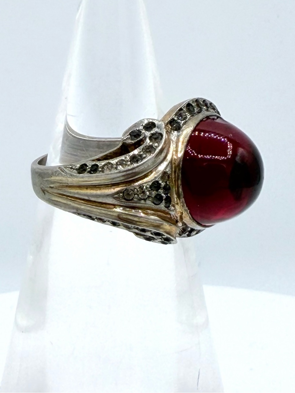 Antique Vermeil Red Dome Glass Cabochon Gold Over Sterling Silver Womanās Ring